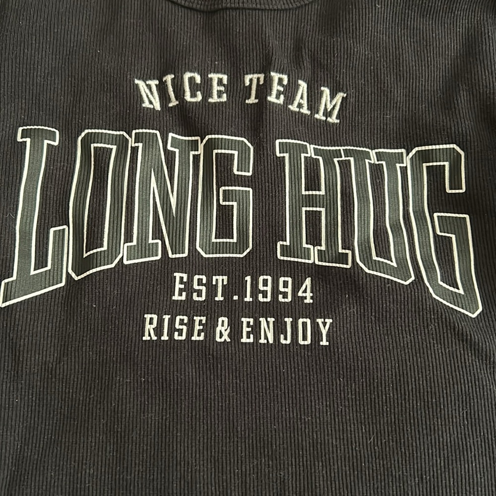 Zara Girls Black Ribbed Long Sleeve Graphic Top Size 13-14 Long Hug - Picture 2 of 4